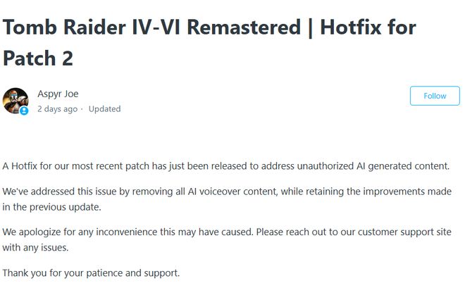 九游娱乐因遭起诉《古墓丽影IV-VI 重制版》移除了AI劳拉配音(图3)
